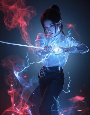 This image is a piece of digital art that looks like a futuristic or sci-fi scene. It shows a close-up of A beautiful female warrior in black pants and a white blouse wields a katana with flashing blue electricity at the audience. Sparks, embers, and electricity erupt around her in a dim and blurry background, and swirls of dark red magic explode and fly in response. Anime Style, She has a long black ponytail and angled bangs that hide the glow of her red eyes. High contrast and saturated colors. The cool colors of the character's body and the warm colors of the background create a strong visual impact.
High-tech cyberpunk style,
Vertigo, Splash of Neon Colors, (Colorful Glowing Smoke) ((Dynamic Effects)), Best Quality, Wallpaper Art, UHD, Medium Scene, MSchiffer Art, ((Flat Colors)), (cel-shading style) Very Bold Neon Colors, Psychedelic Environments.