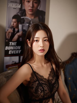 A young woman stands confidently against a movie poster backdrop, her gaze directed straight at the camera, exuding an air of confidence and allure, She wears a black top with a lace pattern, her features softly highlighted by even lighting, Off-center placement draws the viewer's eye towards her, while a subtle hint of a man in the background adds depth to the scene, The movie poster suggests a possible movie theater setting,