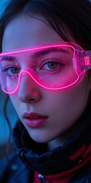 A close-up of a person's face, adorned with a futuristic visor that emits a neon pink glow. The visor is overlaid with intricate digital patterns and symbols, predominantly in shades of pink and red. The person's eyes are a striking shade of amber, reflecting the ambient light. The individual is wearing a dark, possibly black, outfit with red accents, suggesting a high-tech or cyberpunk aesthetic. The background is blurred, emphasizing the subject, and the overall color palette is dominated by cool tones with pops of warm neon colors.