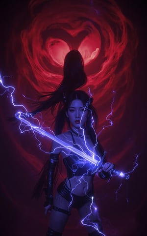 In a dimly lit, hazy background of swirling dark red magic and embers, a stunning female warrior stands out in sharp relief. Her long black ponytail flows like silk as she holds her katana aloft, surrounded by flashing blue electricity that crackles with energy. The cool tones of her skin and clothing provide a striking contrast to the warm hues of the background, where neon colors dance and swirl like psychedelic smoke. With bold, flat colors and cel-shading style, this artwork is a masterpiece of futuristic fantasy, perfect for a wallpaper or UHD display.