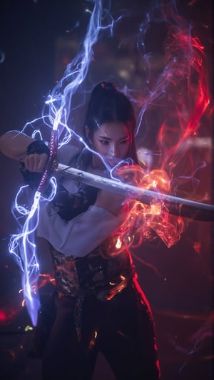 This image is a piece of digital art that looks like a futuristic or sci-fi scene. It shows a close-up of Spider-Woman's head and upper body,
A beautiful female warrior in black pants and a white blouse wields a katana with flashing blue electricity at the audience. Sparks, embers, and electricity erupt around her in a dim and blurry background, and swirls of dark red magic explode and fly in response. Anime Style, She has a long black ponytail and angled bangs that hide the glow of her red eyes. High contrast and saturated colors. The cool colors of the character's body and the warm colors of the background create a strong visual impact.
High-tech cyberpunk style,
Vertigo, Splash of Neon Colors, (Colorful Glowing Smoke) ((Dynamic Effects)), Best Quality, Wallpaper Art, UHD, Medium Scene, MSchiffer Art, ((Flat Colors)), (cel-shading style) Very Bold Neon Colors, Psychedelic Environments.