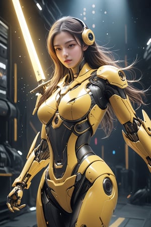 (ultra realistic,best quality),photorealistic,Extremely Realistic, in depth, cinematic light,mecha\(hubggirl)\,

front view of a white and yellow female robot soldier, holding a glowing yellow sword downwards with both hands, 

dynamic poses, particle effects, 
perfect hands, perfect lighting, vibrant colors, 
intricate details, high detailed skin, 
intricate background, realism, realistic, raw, analog, taken by Canon EOS,SIGMA Art Lens 35mm F1.4,ISO 200 Shutter Speed 2000,Vivid picture,hubggirl