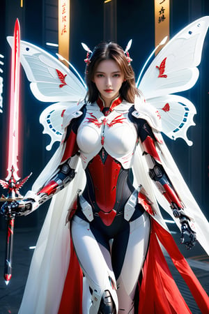 (ultra realistic,best quality),photorealistic,Extremely Realistic, in depth, cinematic light,mecha\(hubggirl)\,butterfly\(hubggirl)\,

a hubggirl robot soldier with white cape,holding a glowing red sword,

dynamic poses, particle effects, 
perfect hands, perfect lighting, vibrant colors, 
intricate details, high detailed skin, 
intricate background, realism, realistic, raw, analog, taken by Canon EOS,SIGMA Art Lens 35mm F1.4,ISO 200 Shutter Speed 2000,Vivid picture,