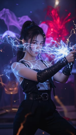 This image is a piece of digital art that looks like a futuristic or sci-fi scene. It shows a close-up of Spider-Woman's head and upper body,
A beautiful female warrior in black pants and a white blouse wields a katana with flashing blue electricity at the audience. Sparks, embers, and electricity erupt around her in a dim and blurry background, and swirls of dark red magic explode and fly in response. Anime Style, She has a long black ponytail and angled bangs that hide the glow of her red eyes. High contrast and saturated colors. The cool colors of the character's body and the warm colors of the background create a strong visual impact.
High-tech cyberpunk style,
Vertigo, Splash of Neon Colors, (Colorful Glowing Smoke) ((Dynamic Effects)), Best Quality, Wallpaper Art, UHD, Medium Scene, MSchiffer Art, ((Flat Colors)), (cel-shading style) Very Bold Neon Colors, Psychedelic Environments.