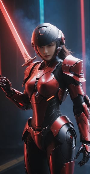 (ultra realistic,best quality),photorealistic,Extremely Realistic, in depth, cinematic light,mecha\(hubggirl)\,

a female robot soldier, holding two glowing red swords with both hands, dynamic poses, dark background,

particle effects, perfect hands, perfect lighting, vibrant colors, 
intricate details, high detailed skin, 
intricate background, realism, realistic, raw, analog, taken by Canon EOS,SIGMA Art Lens 35mm F1.4,ISO 200 Shutter Speed 2000,Vivid picture,hubggirl