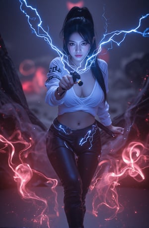 This image is a piece of digital art that looks like a futuristic or sci-fi scene. It shows a close-up of A beautiful female warrior in black pants and a white blouse wields a katana with flashing blue electricity at the audience. Sparks, embers, and electricity erupt around her in a dim and blurry background, and swirls of dark red magic explode and fly in response. Anime Style, She has a long black ponytail and angled bangs that hide the glow of her red eyes. High contrast and saturated colors. The cool colors of the character's body and the warm colors of the background create a strong visual impact.
High-tech cyberpunk style,
Vertigo, Splash of Neon Colors, (Colorful Glowing Smoke) ((Dynamic Effects)), Best Quality, Wallpaper Art, UHD, Medium Scene, MSchiffer Art, ((Flat Colors)), (cel-shading style) Very Bold Neon Colors, Psychedelic Environments.