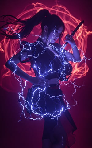 In a dimly lit, hazy background of swirling dark red magic and embers, a stunning female warrior stands out in sharp relief. Her long black ponytail flows like silk as she holds her katana aloft, surrounded by flashing blue electricity that crackles with energy. The cool tones of her skin and clothing provide a striking contrast to the warm hues of the background, where neon colors dance and swirl like psychedelic smoke. With bold, flat colors and cel-shading style, this artwork is a masterpiece of futuristic fantasy, perfect for a wallpaper or UHD display.