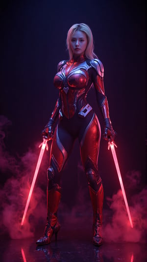 This image is a piece of digital art that looks like a futuristic or sci-fi scene. It shows a close-up of Spider-Woman's head and upper body,
neo-futuristic technological battle armor in the vein of Spider-Man and Iron Man's battle armor. The breastplate accentuates her voluptuous figure, a mecha hubggirl stands confidently against a dark backdrop, her hands grasping two radiant red swords in a dynamic pose, 
High-tech cyberpunk style,
Vertigo, Splash of Neon Colors, (Colorful Glowing Smoke) ((Dynamic Effects)), Best Quality, Wallpaper Art, UHD, Medium Scene, MSchiffer Art, ((Flat Colors)), (cel-shading style) Very Bold Neon Colors, Psychedelic Environments.