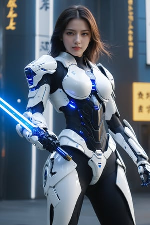(ultra realistic,best quality),photorealistic,Extremely Realistic, in depth, cinematic light,mecha\(hubggirl)\,

a white female robot soldier, holding a glowing blue sword downwards, 

dynamic poses, particle effects, 
perfect hands, perfect lighting, vibrant colors, 
intricate details, high detailed skin, 
intricate background, realism, realistic, raw, analog, taken by Canon EOS,SIGMA Art Lens 35mm F1.4,ISO 200 Shutter Speed 2000,Vivid picture,hubggirl