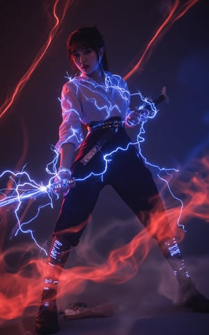 This image is a piece of digital art that looks like a futuristic or sci-fi scene. It shows a close-up of A beautiful female warrior in black pants and a white blouse wields a katana with flashing blue electricity at the audience. Sparks, embers, and electricity erupt around her in a dim and blurry background, and swirls of dark red magic explode and fly in response. Anime Style, She has a long black ponytail and angled bangs that hide the glow of her red eyes. High contrast and saturated colors. The cool colors of the character's body and the warm colors of the background create a strong visual impact.
High-tech cyberpunk style,
Vertigo, Splash of Neon Colors, (Colorful Glowing Smoke) ((Dynamic Effects)), Best Quality, Wallpaper Art, UHD, Medium Scene, MSchiffer Art, ((Flat Colors)), (cel-shading style) Very Bold Neon Colors, Psychedelic Environments.