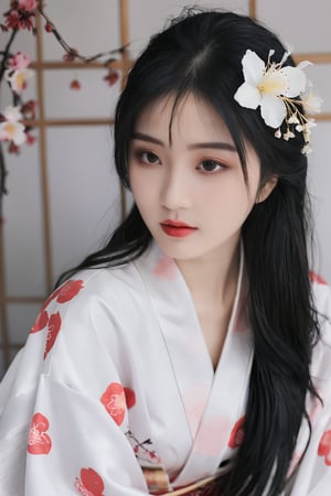 26yo hubggirl, wearing kimono, Sakura Theme,

eyeshadow, long eyelashes, (messy hair:0.6), long black hair, 

film photography aesthetic, dynamic composition, skin texture, sharp focus, hard shadows