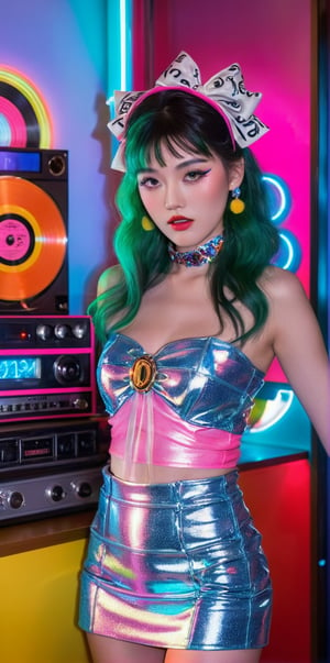 (masterpiece, cinematic, dynamic light & pose, ethereal quality, extremely detailed, vibrant lighting, neon illuminated, colorful, light particles), A retro-themed idol inspired by the 1980s, wearing vintage clothing with bold patterns, large hair accessories, and bright makeup. She stands in a neon-lit room with vinyl records and old-school electronics,hubggirl