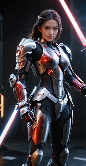 (ultra realistic,best quality),photorealistic,Extremely Realistic, in depth, cinematic light,mecha\(hubggirl)\,

a female robot soldier, holding two glowing red swords with both hands, dynamic poses, dark background,

particle effects, perfect hands, perfect lighting, vibrant colors, 
intricate details, high detailed skin, 
intricate background, realism, realistic, raw, analog, taken by Canon EOS,SIGMA Art Lens 35mm F1.4,ISO 200 Shutter Speed 2000,Vivid picture,hubggirl