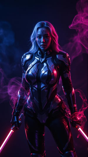 This image is a piece of digital art that looks like a futuristic or sci-fi scene. It shows a close-up of Spider-Woman's head and upper body,
neo-futuristic technological battle armor in the vein of Spider-Man and Iron Man's battle armor. The breastplate accentuates her voluptuous figure, a mecha hubggirl stands confidently against a dark backdrop, her hands grasping two radiant red swords in a dynamic pose, 
High-tech cyberpunk style,
Vertigo, Splash of Neon Colors, (Colorful Glowing Smoke) ((Dynamic Effects)), Best Quality, Wallpaper Art, UHD, Medium Scene, MSchiffer Art, ((Flat Colors)), (cel-shading style) Very Bold Neon Colors, Psychedelic Environments.