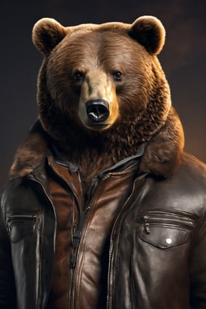 a antropomorphic bear wearing a leather jacket