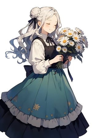 30-year-old woman, Europe, temperate zone, colorful, mature, gentle, elegant, mysterious, white skin, white hair, long curly hair, bun, holding flowers, white daisies, floral decoration, closed eyes, long eyelashes, medieval European style clothing, Civilian clothing, apron, yellow and white, colorful, ribbon design, smile, whole body, clear facial features, single character, details, complete, clean background, light and shadow