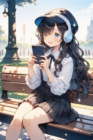 Masterpiece, generates the image of a girl wearing headphones, hat, dreamy expression, swiping on mobile phone, eating candy, sitting on a park bench, (super detailed perfect work: 1.2), illustration, masterpiece, (extremely detailed CG 8k), (Very Detailed 8K CG), (1 Girl: 1.2), (Dark Hair), Long Hair, Wavy Hair, Hair Covering One Eye, Sparkling, Light Blue Eyes