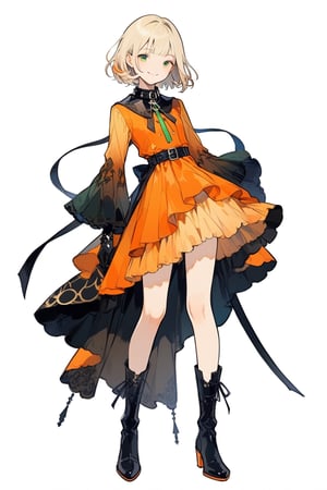 20-year-old girl, colorful, mature, gentle, elegant, mysterious, light hair, short hair, straight hair, gloves, collar, metal jewelry, boots, orange dress, green and orange color scheme, layered clothing, light eyes, Dynamic, long eyelashes, silk, ribbon design, smile, clear facial features, single body, full body, details, complete, clean background, light and shadow