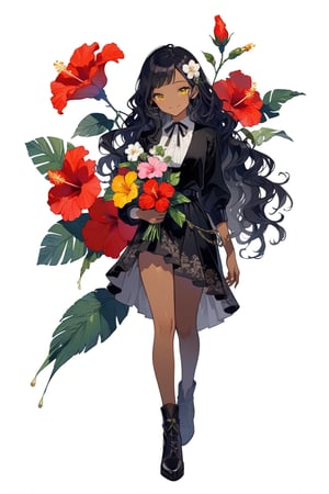 30-year-old woman, Asian, tropical, colorful, mature, gentle, elegant, mysterious, dark skin, black hair, long curly hair, holding flowers, hibiscus flowers, floral ornaments, yellow eyes, long eyelashes, modern western clothing, yellow, green and red colors, Colorful, ribbon design, smile, full body, clear facial features, single character, details, complete, clean background, light and shadow