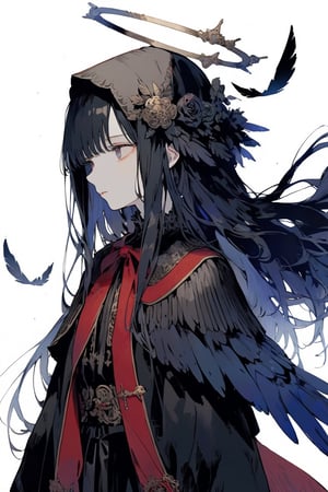 30 years old, female, cold, mature, elegant, mysterious, black hair, long hair, straight hair, eyes covered by hair, halo, all black clothes, all black, ancient Roman suit, multiple layers, black, red and blue colors, Ribbon design, black feather wings, angel, flying with wings, clear facial features, single character, clean background, light and shadow