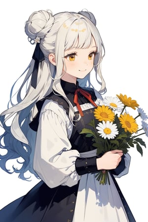 30-year-old woman, Europe, temperate zone, colorful, mature, gentle, elegant, mysterious, white skin, white hair, long curly hair, bun, holding flowers, white daisies, floral decoration, yellow eyes, long eyelashes, medieval European style clothing, Civilian clothing, apron, yellow and white, colorful, ribbon design, smile, clear facial features, single character, details, complete, clean background, light and shadow
