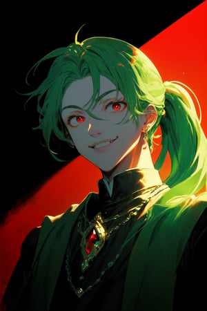 35 years old, man, mysterious, mature, cunning, vicious, male, green hair, long hair, low ponytail, red eyes, tax collector, medieval aristocrat, red and green color scheme, metal jewelry, smile, clear facial features, character, clean background, light and shadow, Low chroma, nine-headed body