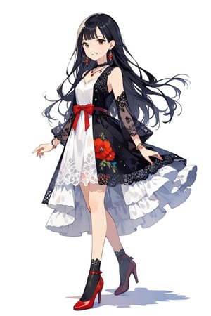 20-year-old girl, colorful, mature, gentle, elegant, mysterious, black hair, long hair, straight hair, gloves, bracelet, necklace, earrings, metal jewelry, white sleeveless floral dress, lace jacket, red high heels, white long hair dress, layered clothing, dark eyes, dynamic, long eyelashes, silk, ribbon design, smile, clear features, single figure, full body, detail, complete, clean background, light and shadow