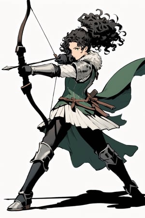 25 years old, adult, female, mature, handsome, elegant, mysterious, black hair, long hair, curly hair, tied in a high ponytail, white eyes, diamond eyes, green and black color scheme, feathers, light armor, cloth clothes, cloth short boots, Cloth gloves, shorts, stockings, archer, aiming, concentration, drawing bow, clear facial features, single character, clean background, light and shadow