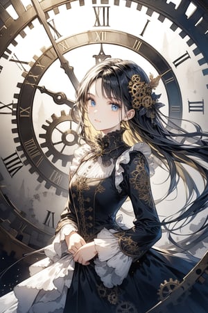 A beautiful girl with long hair, blonde hair, black hair highlights, gold and blue eyes , vibrant personality, delicate and delicate face, gold and black color combination, bold high quality, high contrast, bright color, looking at viewer, renaissance style artwork, gears, clock, art_booster