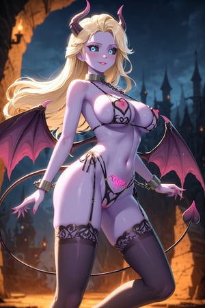 Side view, dark cavern lit by pink mahic, {1girl, Elsa from Frozen, (blonde hair, purple skin, black sclera, blue eyes, succubus wings, succubus tail:1.5), voluptuous, (slave attire, stockings:1.5), (brightly glowing succubus womb tattoo, flying, posing seductively)},  cum, score_9, score_8_up, score_7_up, (very detailed), high detailed texture, depth of field, (Chiaroscuro:1.4), golden hour, cinematic lighting, volumetric lighting, rating_explicit, concept art, dark theme, noc-mgptcls, monster,