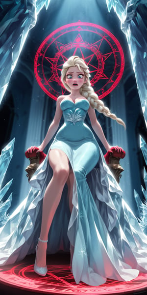 Side view, In castle,  {Elsa sitting on throne, (red demonic magic circle below her:1.5)}, {1girl, Elsa from Frozen, scared, voluptuous, (ice dress from Frozen:1.5), scared}, score_9, score_8_up, score_7_up, (very detailed), high detailed texture, depth of field, (Chiaroscuro:1.4), golden hour, cinematic illumination, volumetric lighting, rating_explicit, concept art, dark theme