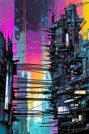 void, left blank, ultra fine painting, water ink splash, cyberpunk bark inside side view of a mega city, complicated wires connected between neon buildings,