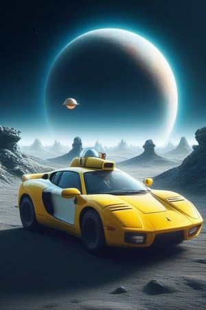 Create a sci-fi masterpiece depicting an astronaut who happens to be none other than Pikachu racing a sleek white PTurbo on the lunar surface. The setting is an alien planet with an otherworldly landscape shrouded in fog and swirling smoke, adding an element of mystery and intrigue. Pikachu, in full astronaut gear, is in the driver's seat, steering the PTurbo at breakneck speed. The view is from the front, with the main focus on the car, highlighting its futuristic design and technological marvel. The animation captures the high-speed chase through an alien world, where the galaxy, Milky Way, and distant planets loom in the background, evoking a sense of awe-inspiring galactical exploration. This scene reflects the collaboration between NASA and advanced civilizations from distant galaxies, blending elements of space exploration and the boundless wonders of the universe. The image is an imaginative blend of sci-fi, space themes, and the adventurous spirit of exploring alien worlds, all brought to life in a captivating and visually stunning manner."