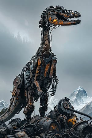 a Tyrannosaurus  yell made out of stel and mechanical gear, standing in the Everest with mountaineer ,A Tyrannosaurus with a gear body wrapped in liquid flesh,Mechanical,intricately constructed,The Everest  on the Background,filled  picture, 