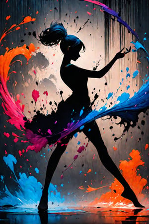 silhouette of a girl, ink brushstrokes in background, looking at viewer, dancing pose, ink rain, stunning image, ink smoke, digital art, professional style, ((masterpiece quality: 2)), ink droplets, attractive image.,INK,Ink art