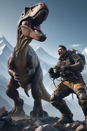 a Tyrannosaurus  yell made out of stel and mechanical gear, standing in the Everest with mountaineer ,A Tyrannosaurus with a gear body wrapped in liquid flesh,Mechanical,intricately constructed,The Everest  on the Background,filled  picture, 