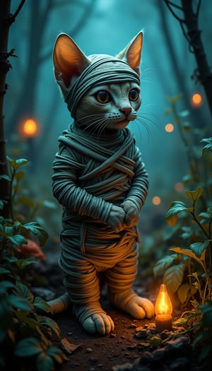 A mysterious and charming kitten mummy, covered in extremely complex bandages. Fantasy garden with glowing plants, exquisite details, super sharp, exquisite details, perfect composition, bright colors, eerie, masterpiece, soft texture, aidmaabdhr