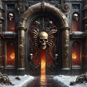 Detailed photo,giant door, gothic style, decorated with sinister elements, skulls, insects, spider webs, skeletons, rot,ghostrider, science fiction,DonMSt34mPXL,science fiction,blood and black,snow,monster