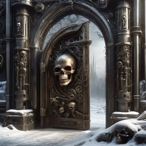 Detailed photo,giant door, gothic style, decorated with sinister elements, skulls, insects, spider webs, skeletons, rot,ghostrider, science fiction,DonMSt34mPXL,science fiction,blood and black,snow,monster