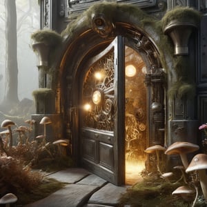 Detailed photo, giant door, ajar, decorated with natural elements, such as flowers, moss, mushrooms. a white light comes out from inside,ghostrider, science fiction,DonMSt34mPXL