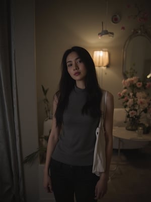 A medium shot of a fit, ethnic ambiguous woman with long, dark hair and a soft, relaxed expression, dressed in a sleeveless grey turtleneck, standing in the lair of a mythical beast with a muted, dimly lit, contemporary decor, adorned with a decorative mirror and a floral arrangement, holding a minimalist tote bag, centered and angled slightly, with accent lighting casting a warm glow, reminiscent of Wong Kar-wai's cinematography, soft focus and low saturation, with subtle film grain, shot with a shallow depth of field, evoking a sense of intimacy, as if captured by a 35mm lens, with a muted color palette and a touch of abstractness, inviting the viewer to step into the serene atmosphere.