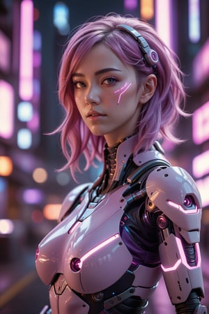 Create a hyper-realistic depiction of a futuristic cyberpunk female character. She has soft pink, loosely curled hair, and is wearing a highly detailed, high-tech robotic armor with glowing neon accents in pink and purple. The lighting should be cinematic, casting dynamic and dramatic shadows, with a strong sense of depth. The background is a futuristic cityscape, slightly blurred to focus on the character, using depth of field. The image should have photo-realism with realistic textures on both skin and armor, ultra-detailed features, and dramatic, lifelike lighting. The final composition should be in 8k resolution, resembling a raw photograph with the best possible quality, like a masterpiece.