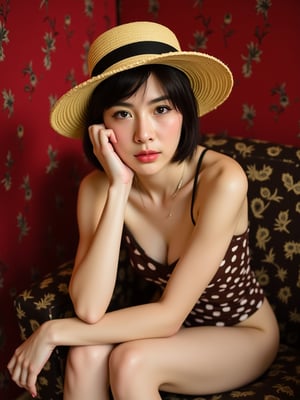 A young East Asian woman with princess-cut hair and face tattoos, dressed in a brown polka-dot swimsuit and wide-brimmed straw hat, sits in an ornate chair on a patterned carpet in front of a red wallpaper, her hand on her face, leaning slightly, with an intense gaze, in a medium shot with shallow depth of field, and bokeh, reminiscent of Julia Margaret Cameron's style, with soft, warm, natural outdoor light, and a touch of film grain, in a warm color grading with a slight yellow tone, evoking a sense of mysticism and intrigue, as if she's about to cast a spell.