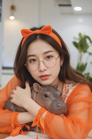 A warm and inviting scene unfolds in this minimalist setting. A 25-year-old Chinese woman, sporting glasses and an orange cat ear headband, is poised to hug a baby hippo amidst the cozy atmosphere of a coffee shop. Her bright orange see-through chiffon robe, adorned with intricate lace details and sabin ribbon ties, adds a pop of color to the overall white tone. The key light casts a gentle glow on her face, while the rim light defines the contours of her features. Soft focus creates a dreamy quality, as if time has stood still in this charming moment.,moodeng hippo,soft focus,warunee