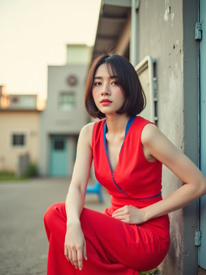 A young East Asian woman with angled bob haircut, in a sleeveless red V-neck dress with blue accents, squats against an old urban building under a clear sky, her left arm resting on the ground and her right hand on her waist, captured in a shallow depth of field with natural bokeh lighting, shot in the style of Wong Kar-wai, with warm, golden tones and a subtle film grain, the lighting setup featuring soft, diffused sunlight from a 3/4 back position and a fill light from the front to create a sense of depth and dimensionality.