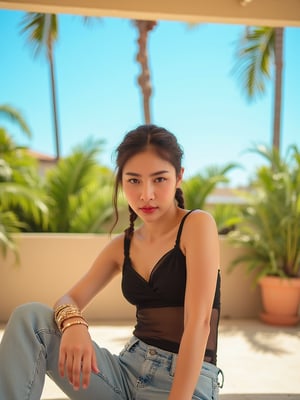 A serene, sun-kissed patio scene evoking the dreamy, pastel-hued essence of a Wes Anderson film. A young East Asian woman, adorned with a regal crown braid, sits relaxed, facing the camera, amidst lush greenery and towering palm trees against a brilliant blue sky. Her bold, opulent style features a sleek black bodysuit with sheer texture, paired with light-washed jeans, and an array of golden bangles that catch the soft, warm light. Shot with a shallow depth of field on a Olympus OM-D E-M5 Mark III with M.Zuiko 40-150mm f-2.8, the image boasts a soft, creamy bokeh, with a subtle film grain and gentle color grading that enhances the serene ambiance.