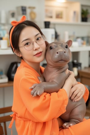 Chinese woman, 25 years old, wearing glasses, wearing an orange cat ear headband,
wearing a orange see-through chiffon robe, with lace details and sabin ribbon ties,
Posing to hug a baby hippo, in a coffee shop, white tone, minimalist.,moodeng hippo, key light, rim light,soft focus