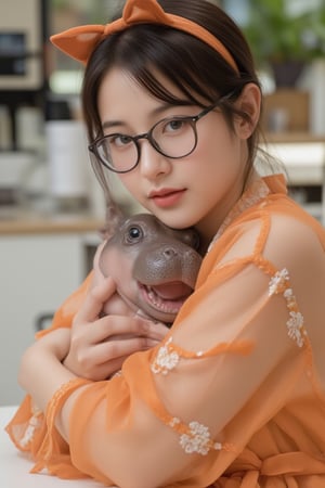 Chinese woman, 25 years old, wearing glasses, wearing an orange cat ear headband,
wearing a orange see-through chiffon robe, with lace details and sabin ribbon ties,
Posing to hug a baby hippo, in a coffee shop, white tone, minimalist.,moodeng hippo, key light, rim light,soft focus