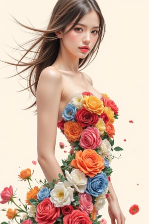 A stunning vector illustration of a beautiful and charming young European woman, her form delicately composed of vibrant roses in shades of red, orange, blue, white, yellow, and pink. The roses appear to dance gracefully in the wind, their smooth, expressive movements creating a mesmerizing and dynamic effect. This painterly style captures the essence of summer, celebrating the harmony between nature and the voluptuous curves of the female body. The artwork is intricately detailed, showcasing the natural beauty and vibrant colors, reflecting the delicate balance between the human spirit and the beauty of the natural world.,ct-skyzo_identity