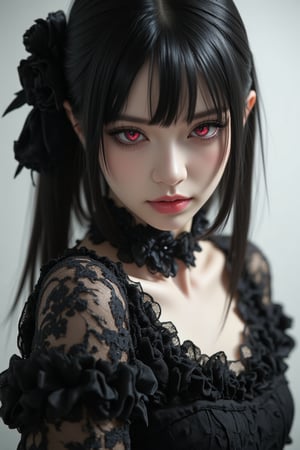 (High resolution image, 4k, masterpiece:1.5), super detailed sketch with depth of field, featuring a solo female character in a gothic horror, dark fantasy setting. She has black, straight hair (1.5), adorned with a black rose feather hair ribbon. Her cute, small face contrasts with her troubled expression, highlighted by her striking red eyes and shiny, reflective gaze. The composition features a cowboy shot, emphasizing her medium bust (1.2), dressed in a black lace gothic lolita frill dress. The room is pure white, creating a beautiful contrast with her dark attire, and the overall composition is perfectly balanced (1.3). Her shiny hair and skin stand out, adding to the eerie yet captivating atmosphere. The image is rich in intricate details (XL) with a focus on a gothic, elegant aesthetic.,ct-skyzo_identity